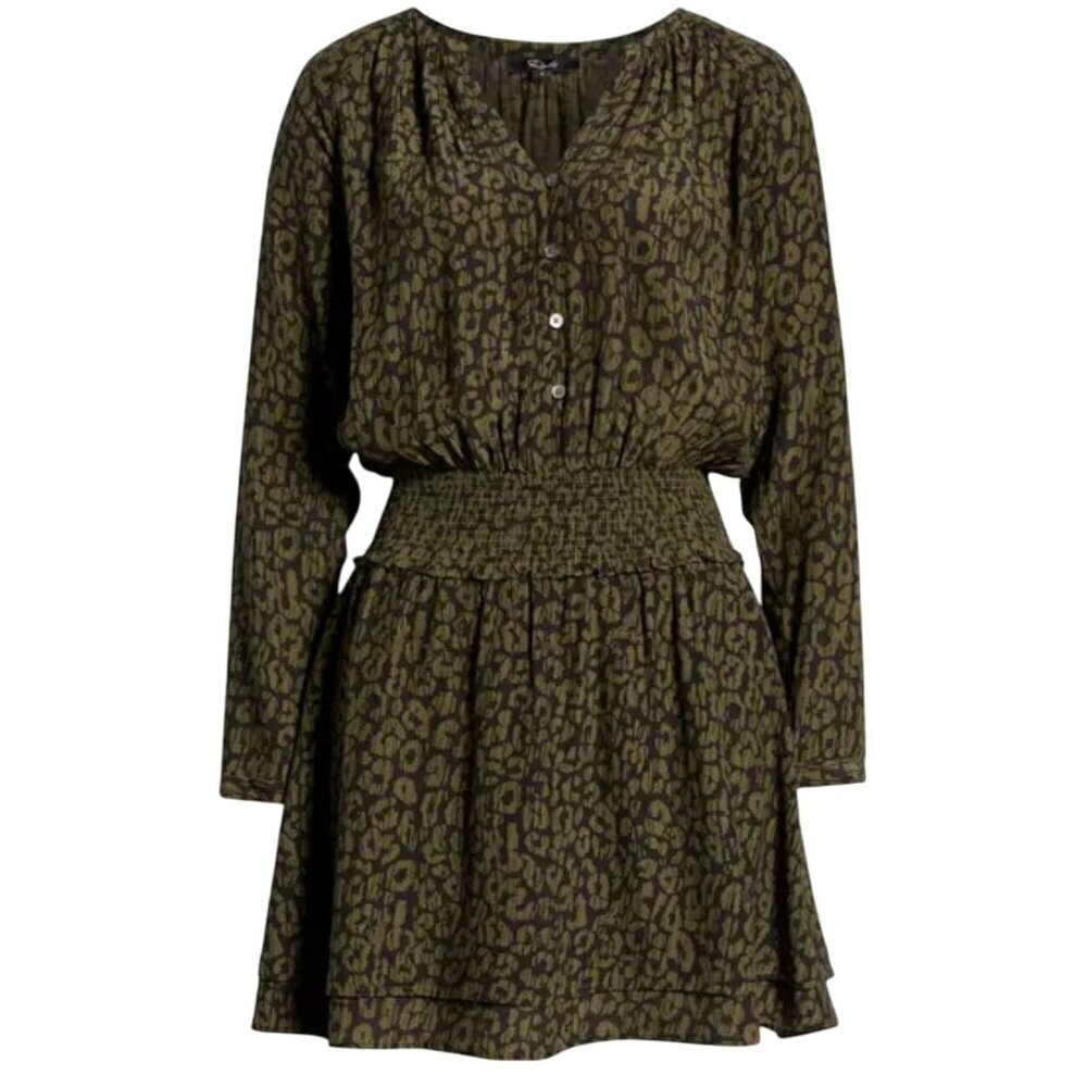 Rails Jasmine Olive Batik Cheetah Print Smocked Waist Mini Dress size small